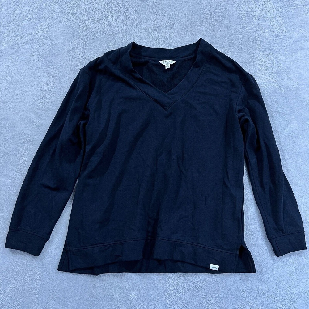 Orvis Sweater Women's Large Black Fleece Lined Long Sleeve V-Neck Pullover
